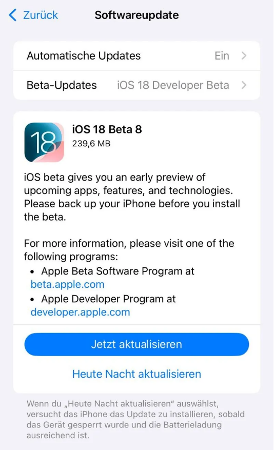 平乡苹果手机维修分享苹果 iOS / iPadOS 18 开发者预览版 Beta 8 发布 